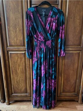 NWOT Black Maxi Dress with Magenta and Teal Floral Print